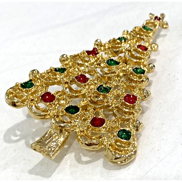 Vintage Christmas Tree brooch goldtone metal pin red green gold enamel festive - Picture 5 of 8
